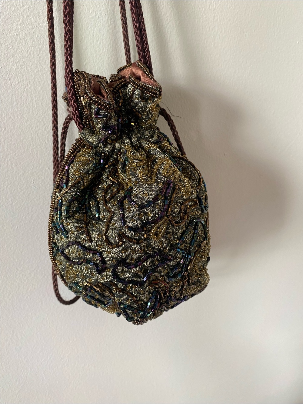 Talbots Gold Copper Beaded Renaissance Drawstring Shoulder Pouch - Picture 2 of 9